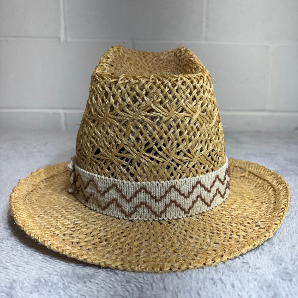 Bailey Straw Fedora Hat Mens 7 1/4 Tan U-Rollit Western Open Weave Chevron Band